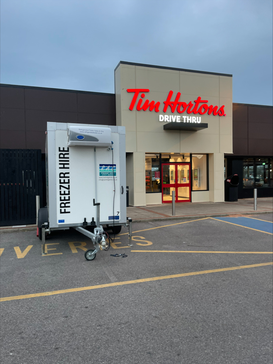 Fridge and freezer trailer hire parked outside Tim Hortons in Chester, Cheshire
